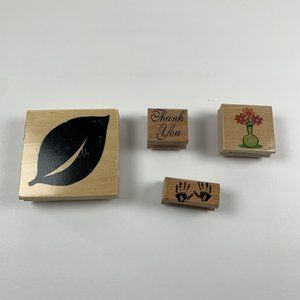 Lot Of 4 Multicolor Square Leaf, Hands, Thanks & Vase Wooden Rubber Stamps 6168‎